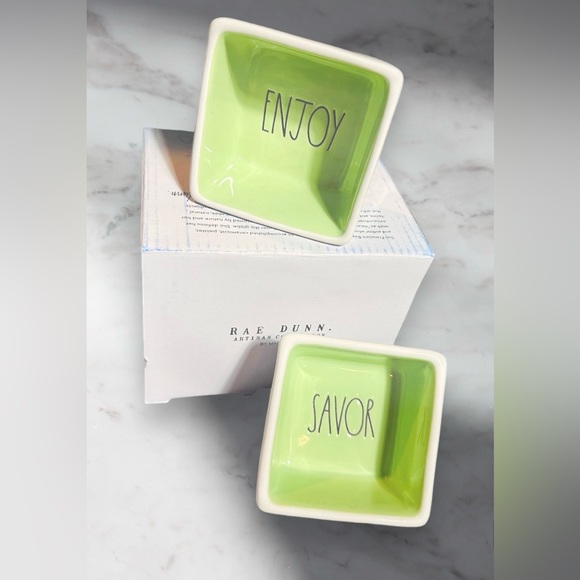 Rae Dunn Artisan Savor and Enjoy Square Ceramic Dipping Bowl Set of 2 - Picture 2 of 12